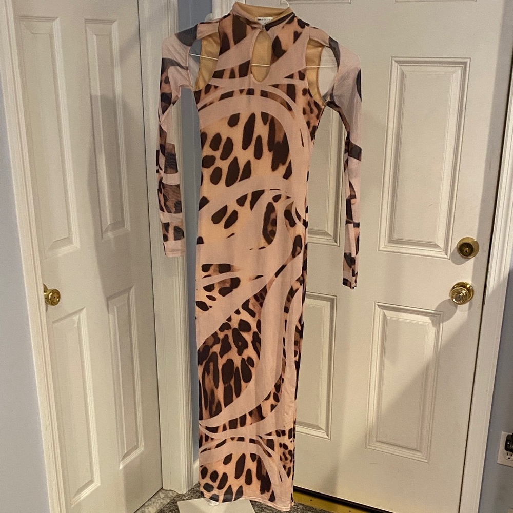 ASOS DESIGN long sleeve cut out neck detail midi dress in warped animal print